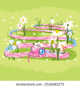 Serpiente rosa de primavera con sakura y flor de narciso sobre fondo verde. Símbolo del año. Ilustración vectorial de jardín lindo reptil mágico de dibujos animados criatura