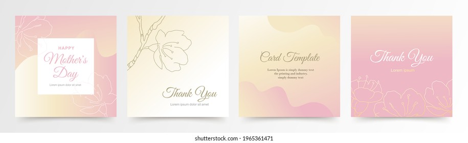 Spring pink square backgrounds with flowers in line art style. Happy Mother's Day greeting card. Vector illustration for card, banner, invitation, social media post, poster, mobile apps, advertising