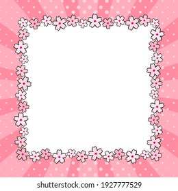 Spring pink square frame made from hand-drawn sakura flowers. Ray Template for Spring, blossom. Japan, photo album, greeting card. Vector illustration in pop art style.