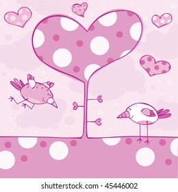 Spring pink tree with birdies  and hearts