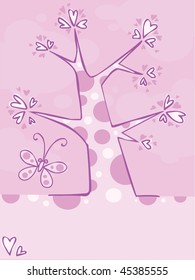 Spring pink tree with butterfly and hearts