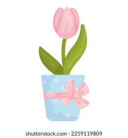 Spring pink tulip flower in a vase.Vector graphics.