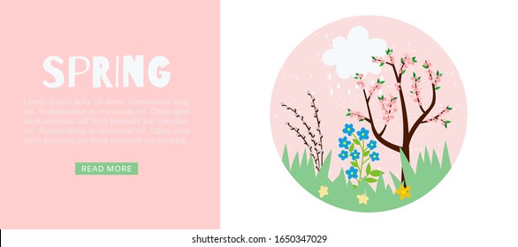 Spring pink web banner for warm season with blooming tree, green grass, cloud and rain vector illustration. Spring season card pink background.
