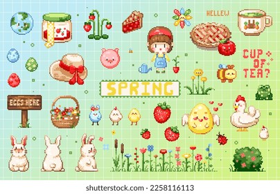 Conjunto de píxeles de primavera. Elementos de 8 bits de primavera y Semana Santa para activos de juego, impresiones adhesivas y diseño decorativo de la web en el estilo de videojuegos de los años 90 retro. Animales de arte en píxeles vectores e ilustraciones de flores.