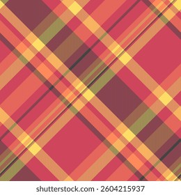 Spring plaid seamless fabric, wear texture tartan textile. Britain check pattern vector background in red and orange colors palette.