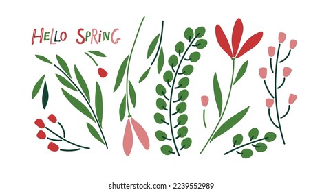 Spring Plant doodle sketch set. Red pink green on white background. Flowers, branches, grass. Hand drawn design elements. For banner, flyer, brochure, card, poster. Spring nature vector illustration