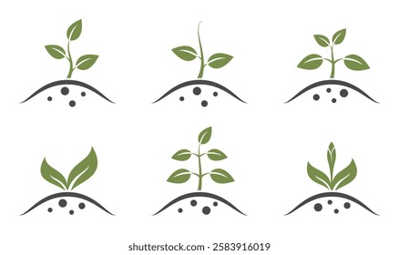 Spring plant sprout icon set. Growing and planting symbols. Isolated vector images in simple style