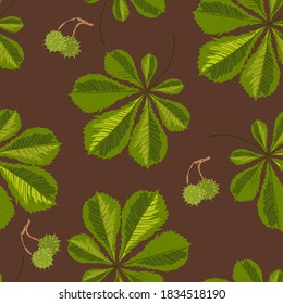 Spring plants and botany in summer, seamless pattern of chestnut tree branches with leaves and berries on brown. Spiky botanic castanea with stem. Leafy seasonal foliage, vector in flat style