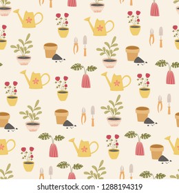 Spring plants and gardening work vector seamless pattern
