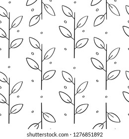 Spring plants seamless pattern. Hand drawn stems with leaves graphic illustration on white background. Ecology template, outline sprouts. Creative vector pattern for print, textile, flyer design, wear