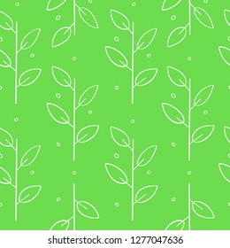 Spring plants seamless pattern. Hand drawn stems with leaves graphic illustration on green background. Ecology template, outline sprouts. Creative vector pattern for print, textile, flyer design, wear