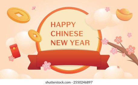 Spring plum blossoms and red round frame template for Chinese New Year advertising