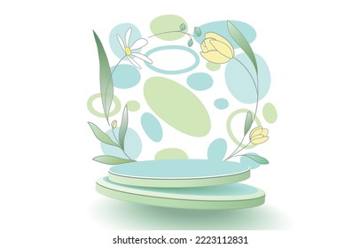 Spring Podium with flowers on white background. Vector scene for product. Flower postcart tamplate with shapes