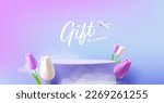 Spring podium mockup surrounded bu tulip flowers and clouds, romantic product placement scene in pastel violet colours