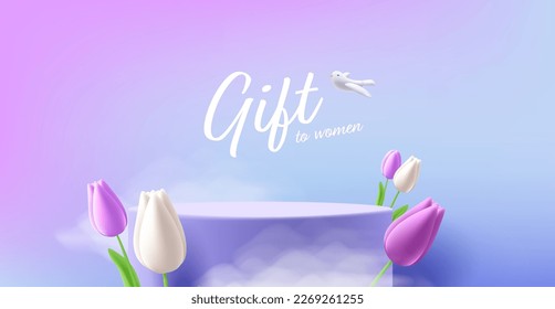 Spring podium mockup surrounded bu tulip flowers and clouds, romantic product placement scene in pastel violet colours