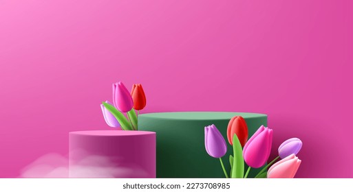 Broma de podio de primavera rodeada de flores de tulipán , escena de colocación de productos de Mothers Day en colores rosa brillante