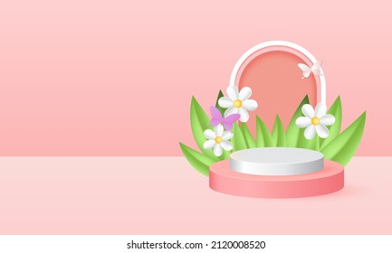 Fase de podio de primavera para la presentación de productos. Estilo 3D Vector de dibujos animados