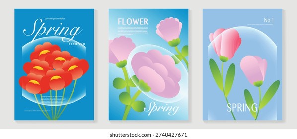 Spring poppy and tulip flowers vector poster illustration with red blue skyblue colors. Modern decorative design for greeting cards, wall art, covers, and seasonal templates.