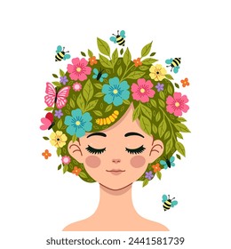 Spring portrait of a girl with a hairstyle with butterflies, bees and flowers. Vector graphics.