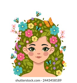 Spring portrait of a girl with a hairstyle with butterflies, bees and flowers. Vector graphics.