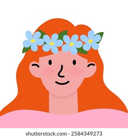 Spring Portrait: redhead girl with blue flower wreath. Flat illustration style. Ideal for spring-themed cards, social media, and seasonal graphic design.