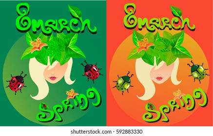 Spring Postcard 8 March with a girl and wreath