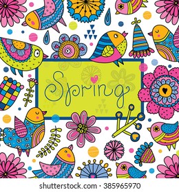 Spring postcard with birds and flowers. Vector illustration.