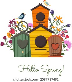 Spring postcard. Bouquets of flowers, birdhouses and birds. Spring flowers. Vector illustration