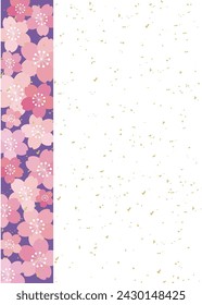 Spring postcard with cherry blossom and gold leaf pattern on light purple side, vertical