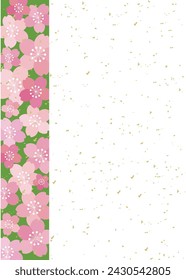 Spring postcard with cherry blossom and gold leaf pattern on green side, vertical