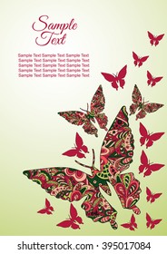 Spring postcard, cover, bright background for inscriptions. Butterflies fly upward. Cute pattern in green and red colors