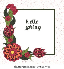 Spring postcard, cover, bright background for inscriptions. Hello Spring. Tulips. Pattern in green, red, cream tones