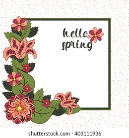 Spring postcard, cover, bright background for inscriptions. Hello spring. Flower. Green, red, orange, cream tones