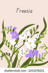 Spring postcard, delicate freesia flowers. Nature post card background design, beautiful blossomed floral plants, blooms and leaf. Interior poster with pretty wildflowers. Flat vector illustration