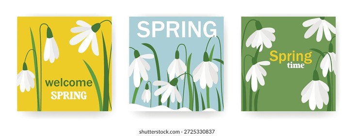 Diseños de postal de primavera con gotas de nieve. Conjunto de Plantillas cuadradas de primavera. Diseños para redes sociales, publicaciones, folletos, volantes y carteles. Gráficos de Vector