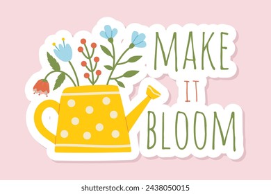 Spring postcard with different seasonal elements and inscription Make it bloom. Stickers on spring theme in pastel colors for greeting cards, scrapbooking, invitations, social networks, magnets