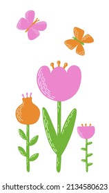 Spring postcard. Flat vector illustration with butterflies and flowers in pink, orange, green colors.