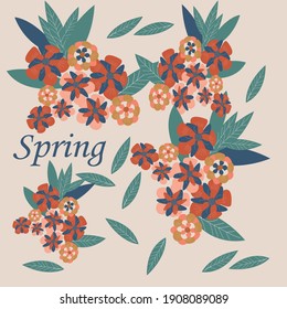 Spring postcard with flowers and leaves. Lettering spring season with leaf for greeting card, invitation template. Vector illustration