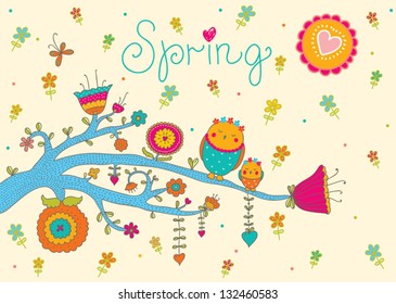 Spring postcard with flowers and owls.