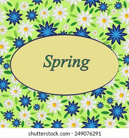 Spring postcard with flowers and yellow oval in the center on floral background