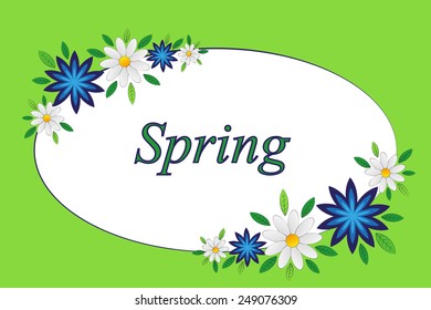 Spring postcard with flowers and yellow oval in the center on floral background