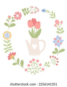 Spring postcard frame. Bouquet of tulips in garden watering can and variety of flowers. Vector illustration. Isolated elements in flat style for design, decor, postcards and print