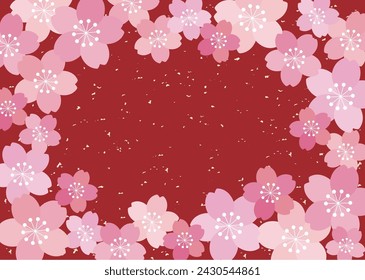 Spring postcard with gold foil on red background surrounded by pretty pink cherry blossoms