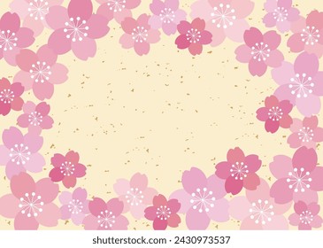 Spring postcard with gold foil on yellow background surrounded by pretty pink cherry blossoms