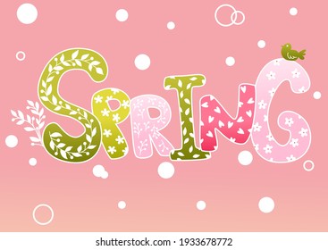 Spring postcard. Handwritten spring lettering with decorative ornaments on a pink background. Seasonal illustration. Drawings for postcards or congratulations 