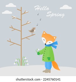 Spring postcard. Hello Spring. A cute fox with a flower, a singing bird on a tree.