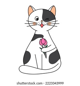 Spring postcard Hello Spring. Funny cute cat with a bouquet of pink tulips for printing on T-shirts, pillows. Vector illustration on white background