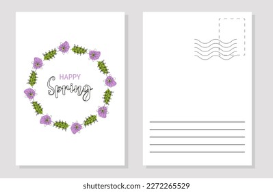 Spring postcard layout line art. Template. Color. Vector flat illustration.