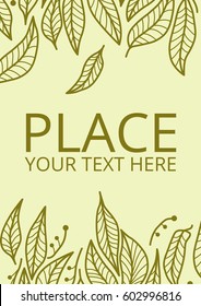 Spring postcard with leaves on green background. Vector Illustration.