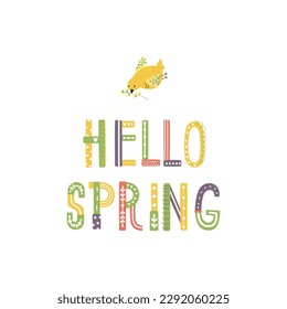 Spring postcard with lettering: hello spring. A cute bird carries a willow branch in its beak. Kid flat vector illustration. Cute postcard design for inspiration.
